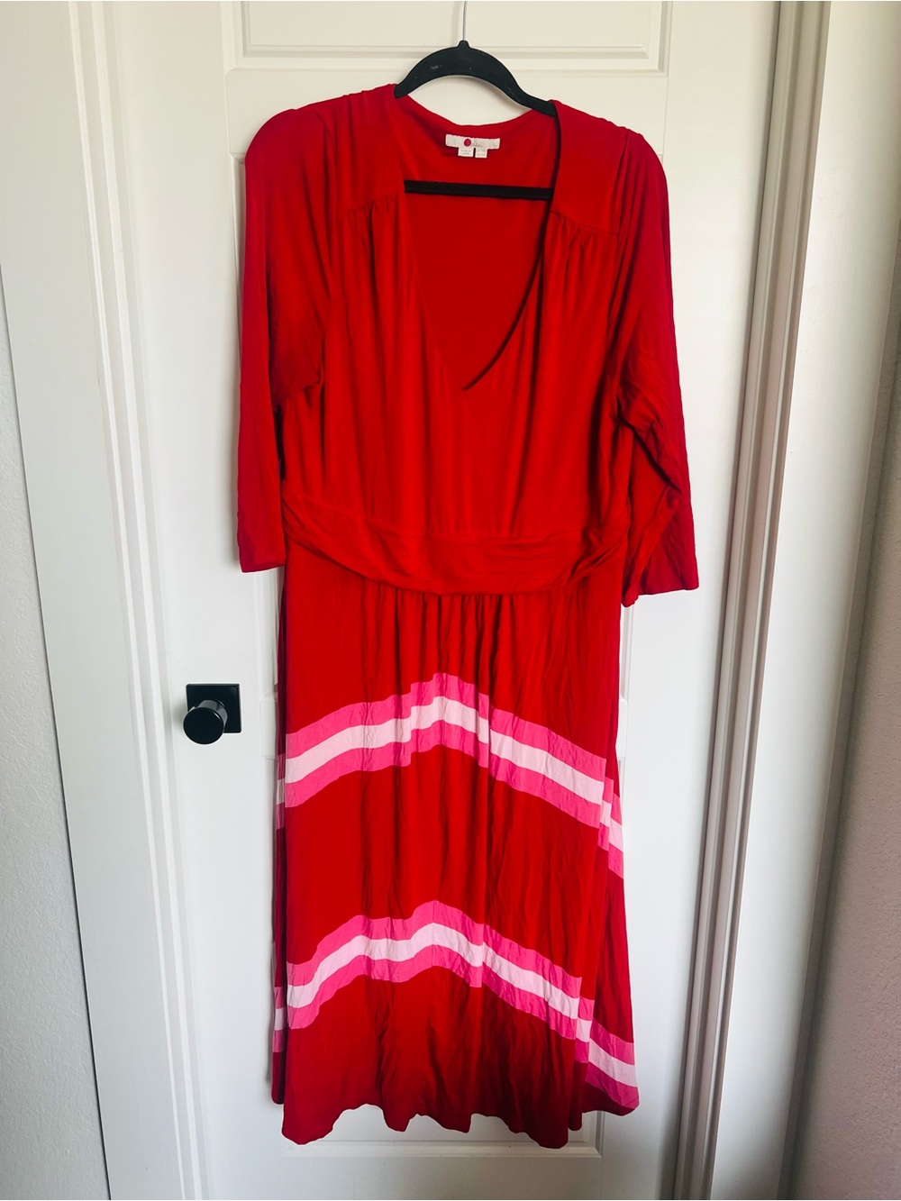 Boden Red Long-Sleeve Midi Dress with Pink Stripe Detail